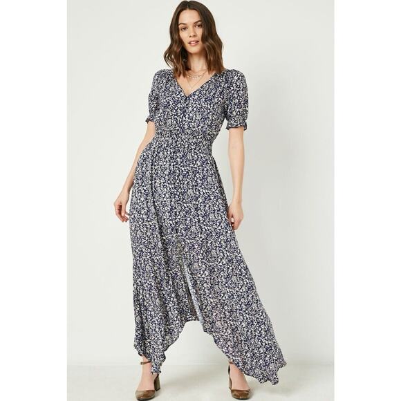 Hayden Los Angeles Romantic Floral Ruched Waist Maxi Navy Dress Button Up Size L - Picture 5 of 12